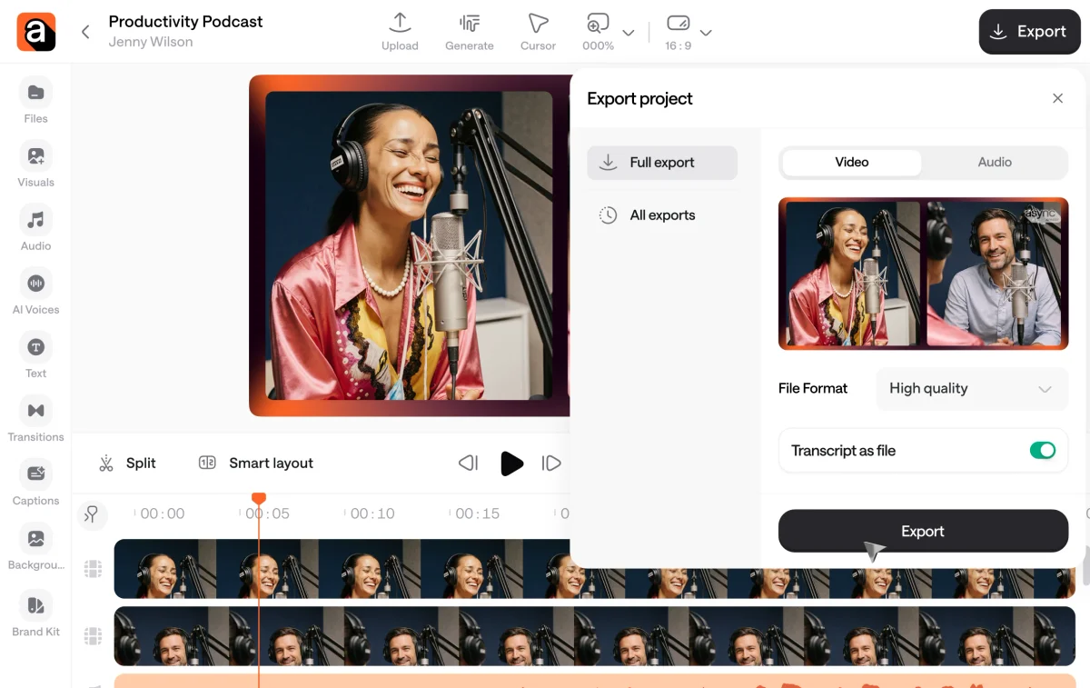 Podcastle video editing workspace showing an export modal, with video previews of two hosts recording and a timeline.