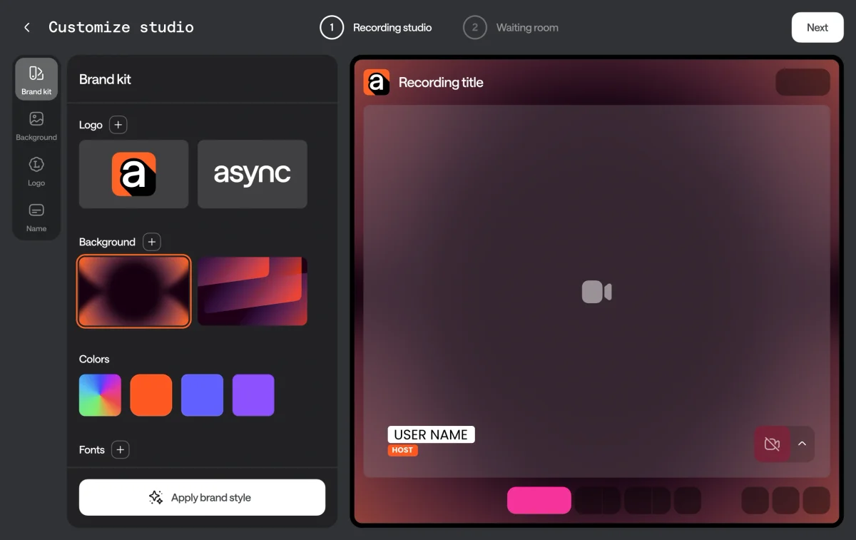 Podcastle customization studio UI showing brand kit settings with logos, background options, and color palette, alongside a live preview of the dark-mode recording studio.