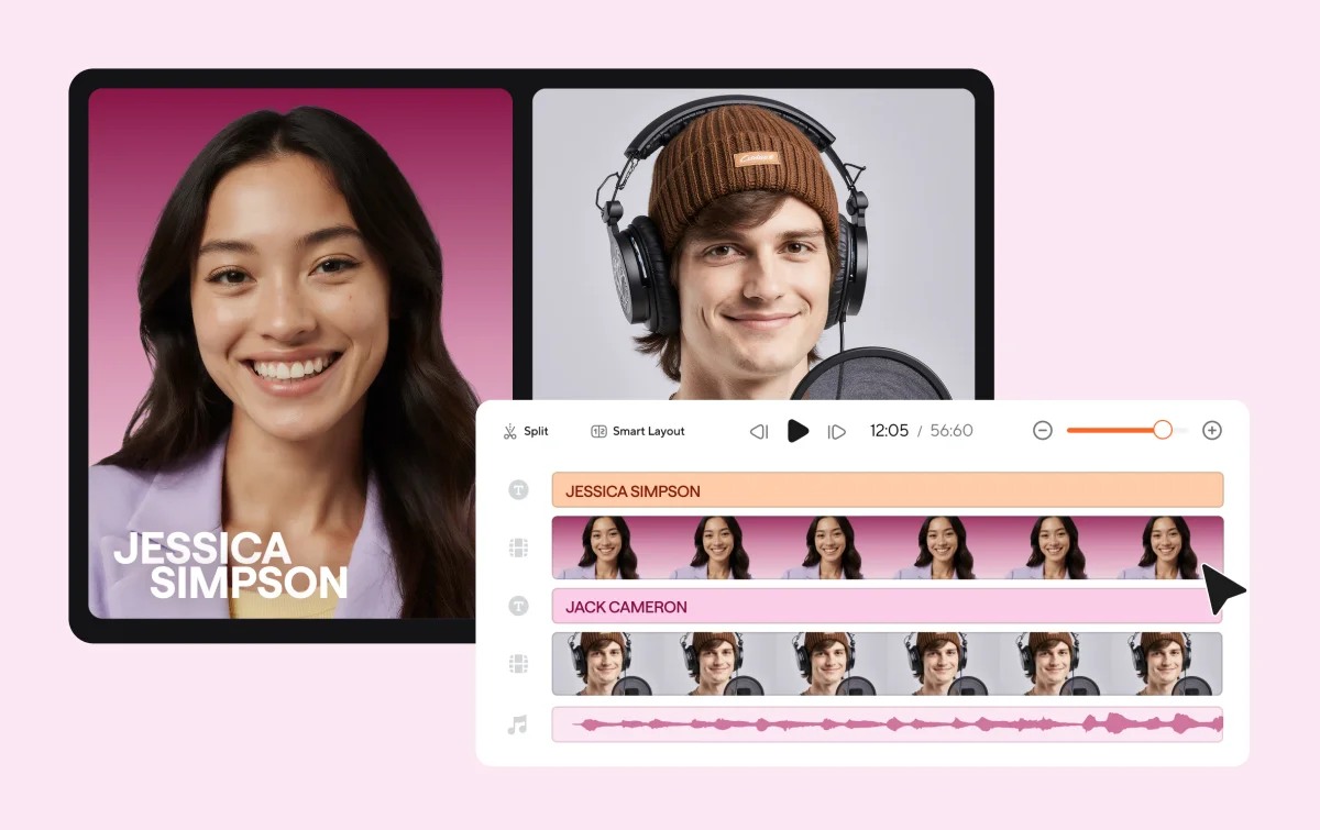 Podcastle video editor showing a split-screen preview of two speakers and a multi-track timeline with waveform audio.
