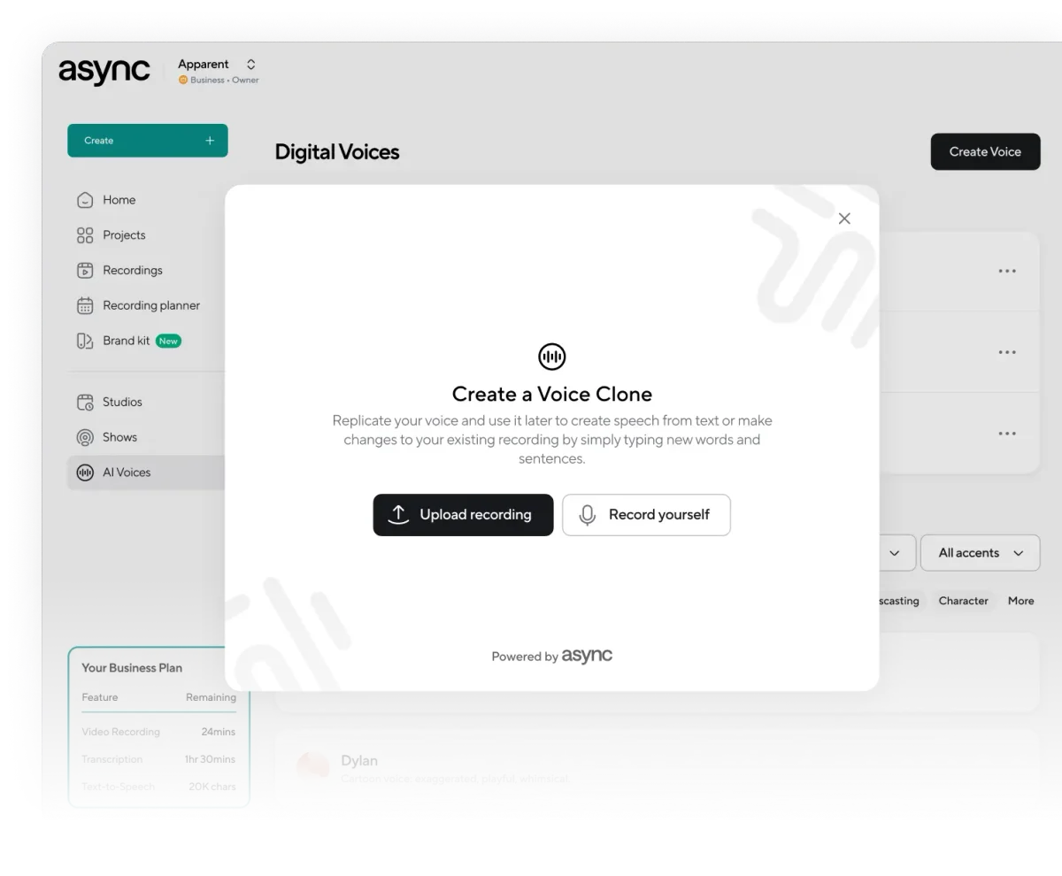 async AI Voices interface displaying a 'Create a Voice Clone' modal with options to upload or record audio for replication.