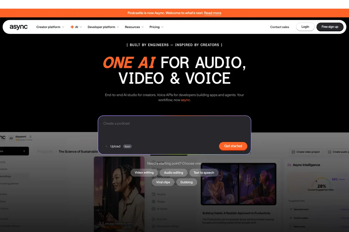 Async AI studio workspace displaying options to create a podcast and edit audio/video with a sleek dark-mode interface.