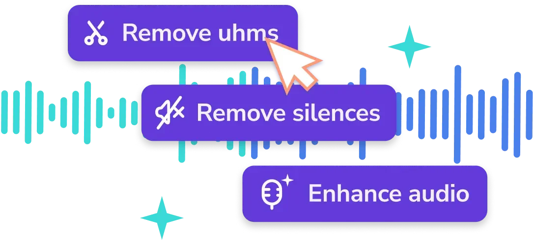 Podsqueeze audio editing interface showing features like 'remove uhms', 'remove silences', and 'enhance audio' with an active waveform.