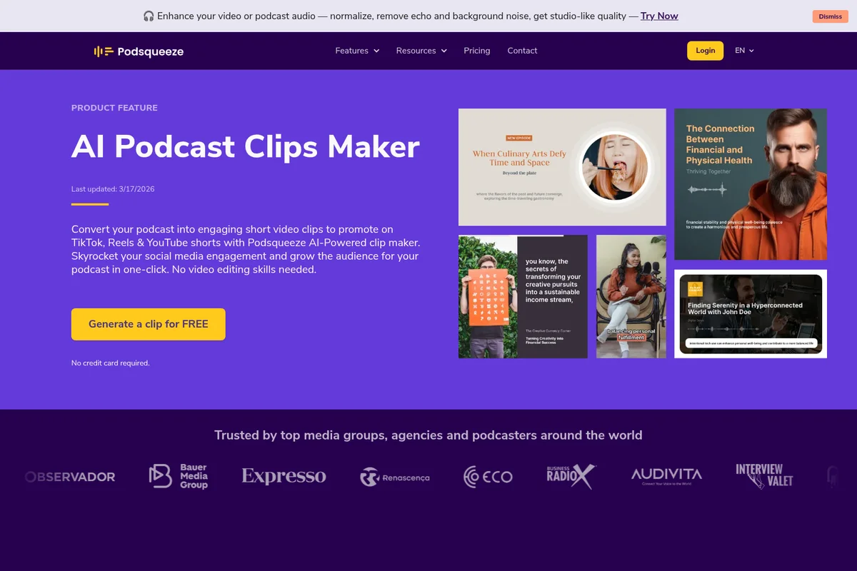 Podsqueeze landing page showcasing the AI Podcast Clips Maker feature with example short video clips and a dark theme.