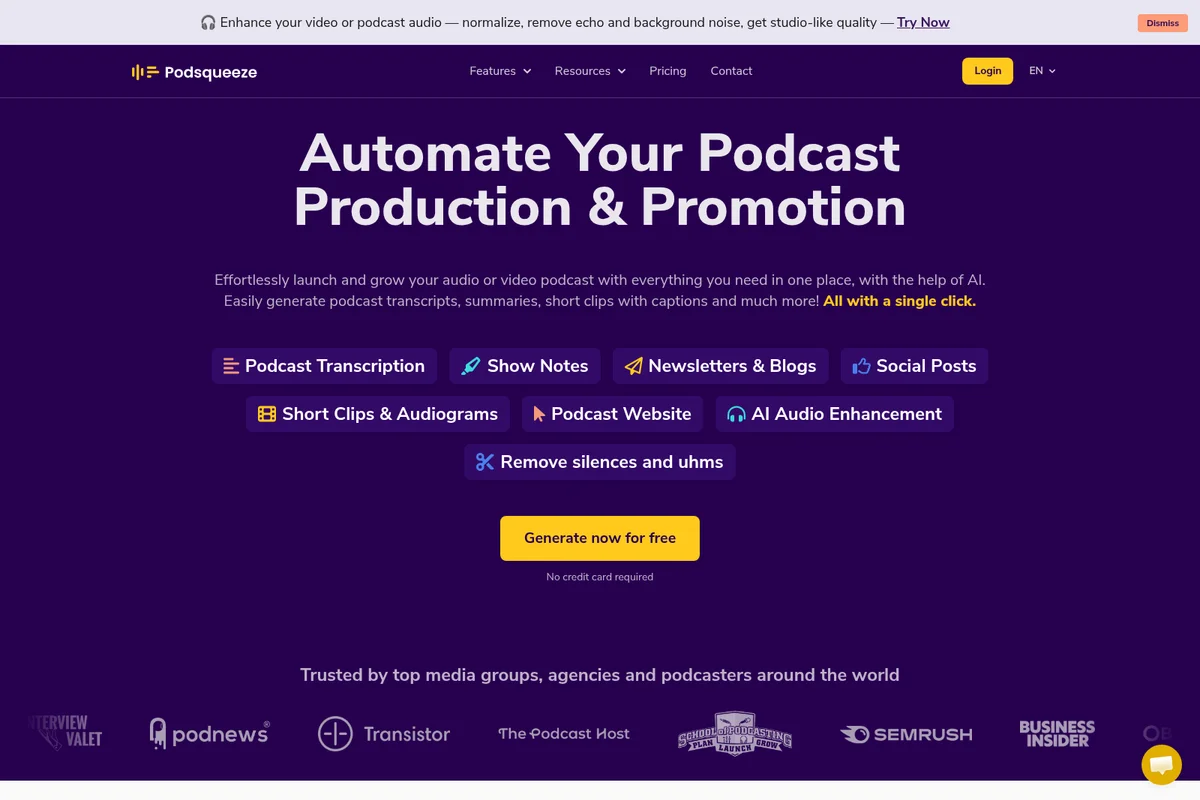 Podsqueeze homepage showcasing AI-powered podcast production and promotion features with a dark purple and yellow, clean design.