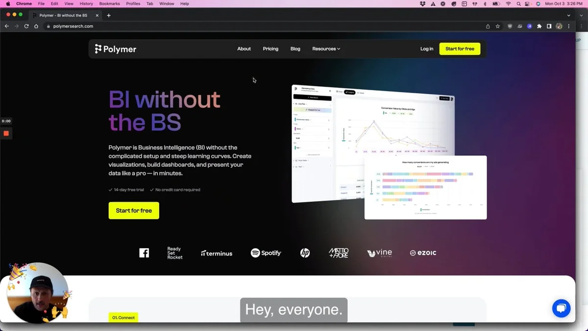 Polymer landing page hero showing business intelligence dashboards and data visualizations with a modern dark-mode interface.