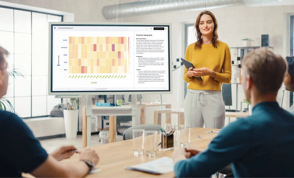 Polymer feature deep-dive showing customer geography analysis, predictions, and strategic actions in a modern office presentation.