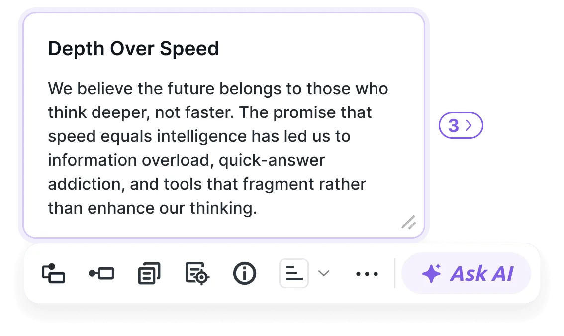 Ponder workspace displaying a 'Depth Over Speed' thought card and an 'Ask AI' button in a sleek, dark-themed interface.