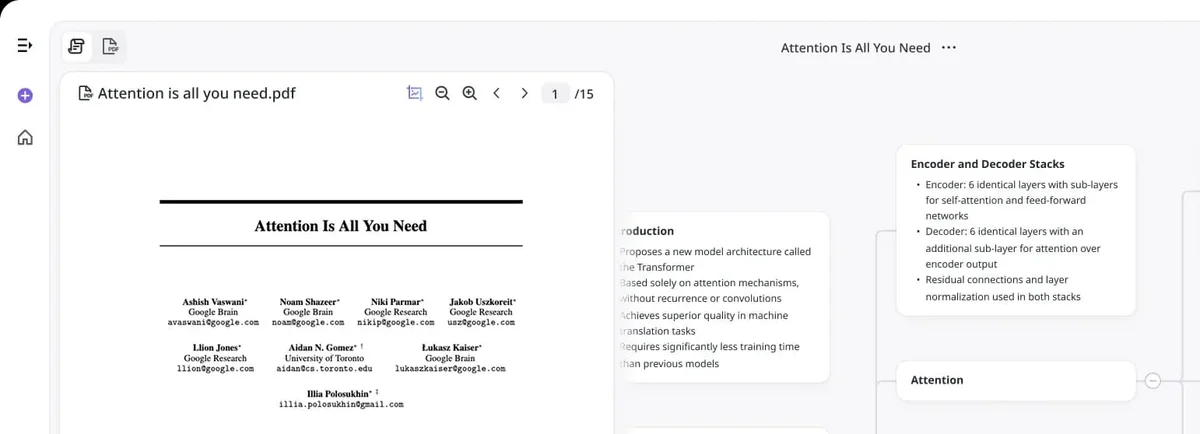 ponder workspace UI showing a research paper PDF and a connected knowledge graph of extracted insights in a clean, light-themed interface.