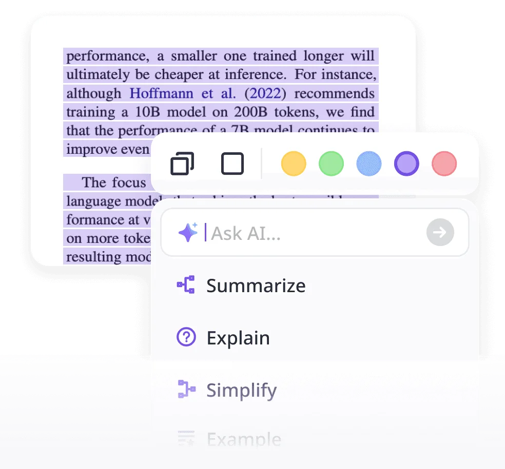 Ponder's workspace UI showing an AI context menu with options to summarize, explain, or simplify selected text, presented in a clean light-themed interface.