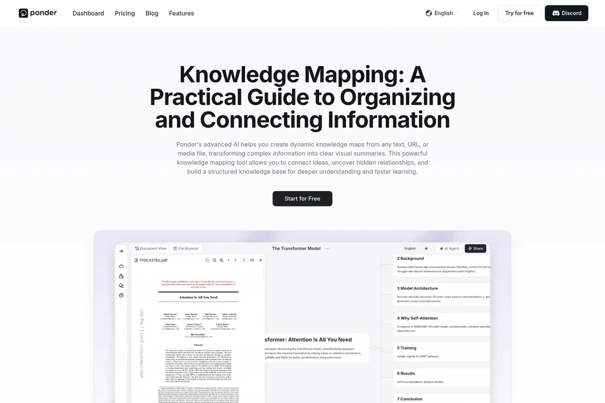 Ponder knowledge mapping tool showing a PDF document being transformed into an AI-generated summary within a clean, modern UI.