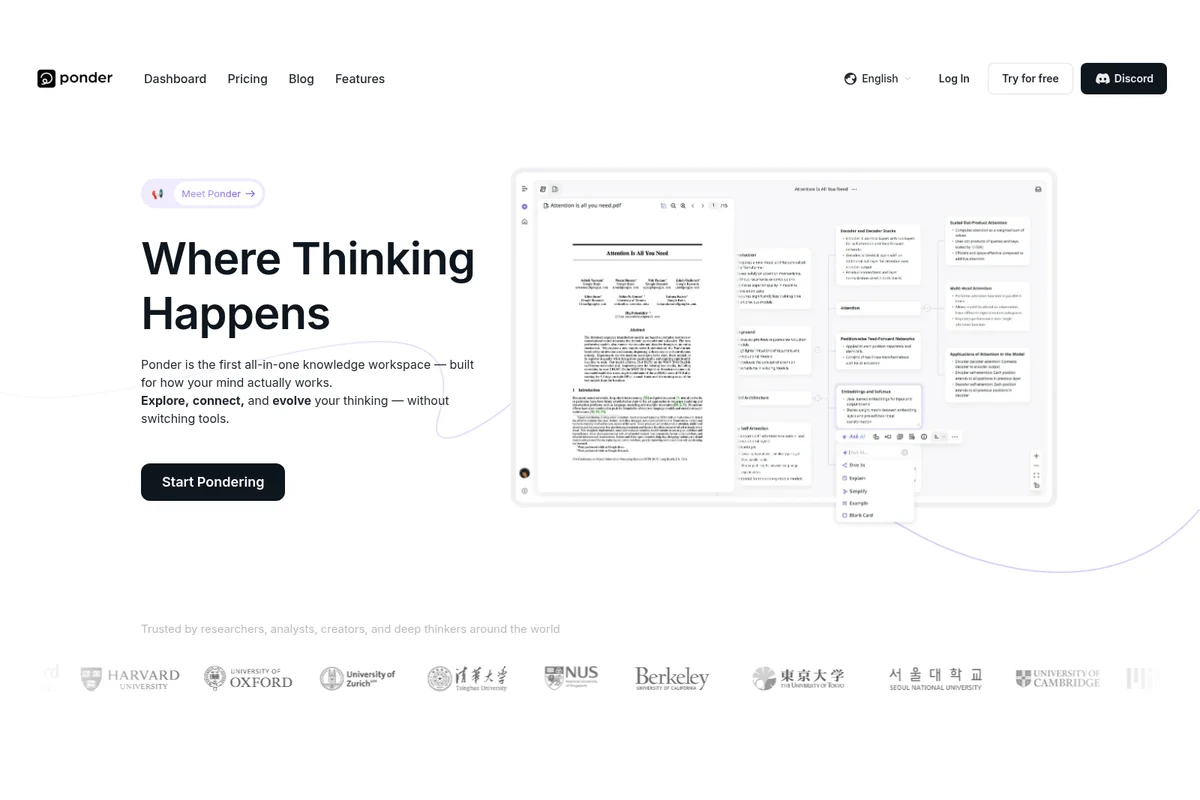 Ponder workspace UI showing integrated document reading and knowledge organization with a clean light-mode interface.