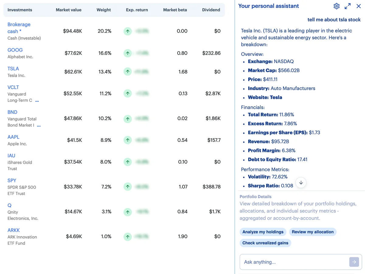 portfoliopilot workspace showing investment portfolio holdings and an AI assistant providing a Tesla stock breakdown with a clean interface.