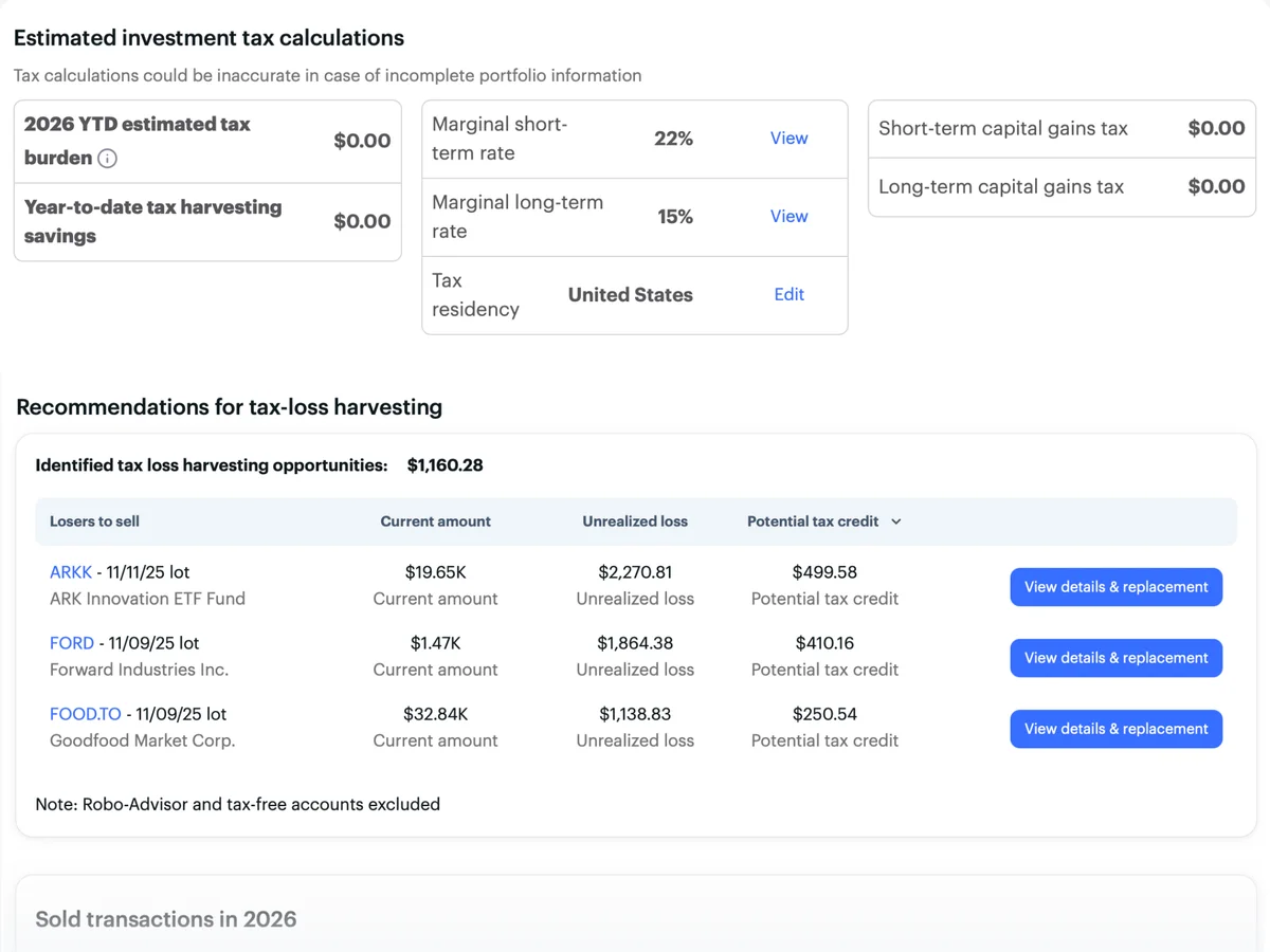 PortfolioPilot investment tax calculations and tax-loss harvesting opportunities in a clean, data-rich interface.