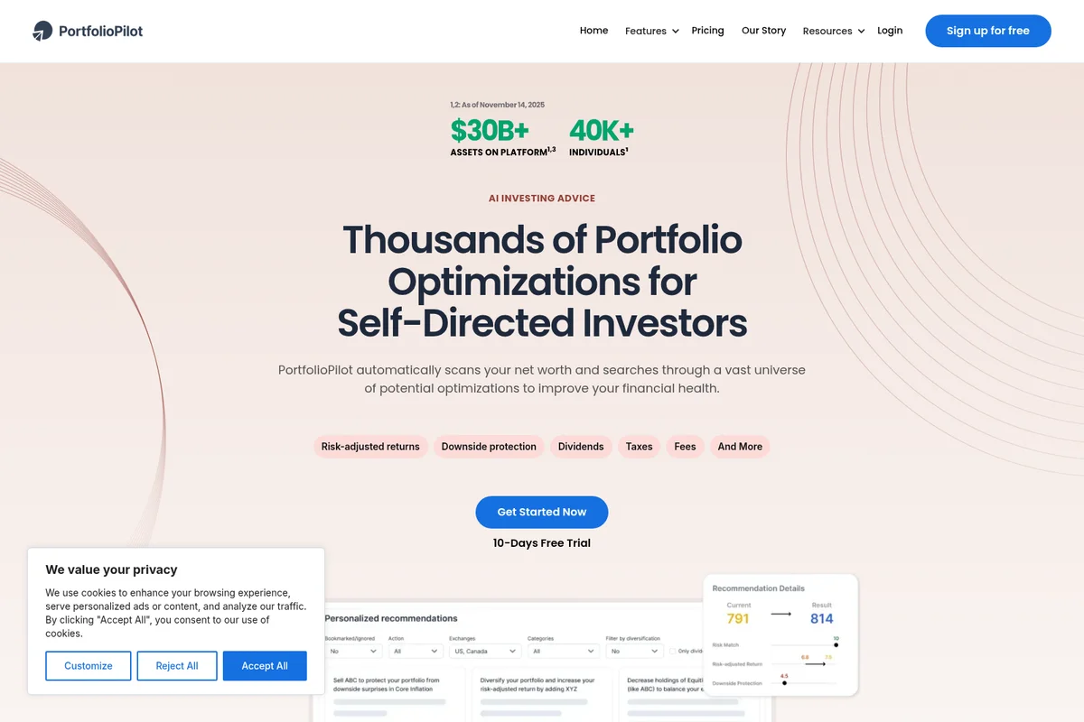 PortfolioPilot landing page hero section showing financial optimization statistics and personalized recommendations with a clean, modern interface.
