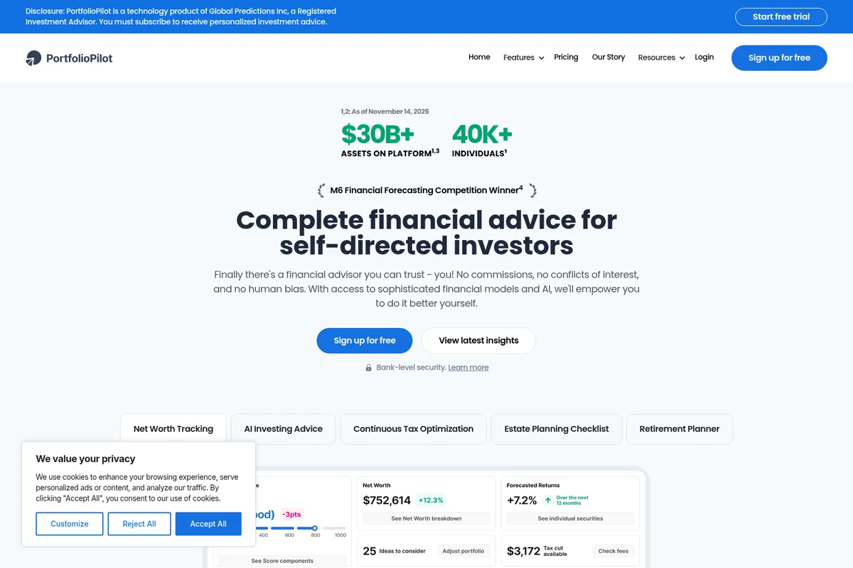 PortfolioPilot homepage showcasing financial advice features and platform statistics with a clean, modern interface.