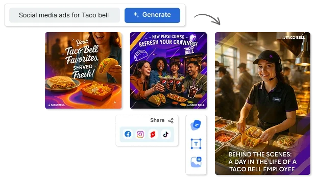 predis-ai output sample displaying AI-generated social media ad creatives for Taco Bell in a clean web interface.