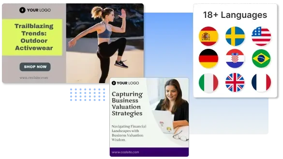 Predis.ai feature demonstration showing AI-generated marketing creatives for various industries and multi-language ad localization options.