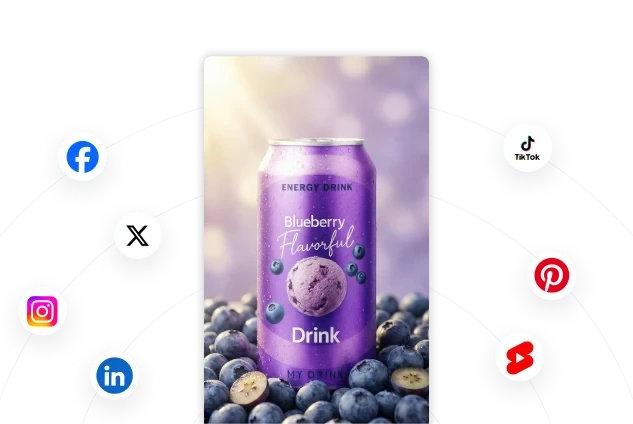 Predis-ai AI marketing platform showing a vibrant blueberry drink product shot for social media, linked to platform icons.