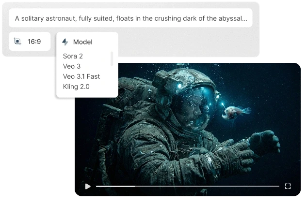 Predis.ai video generation workspace showing text prompt input and model selection with a dark sci-fi aesthetic