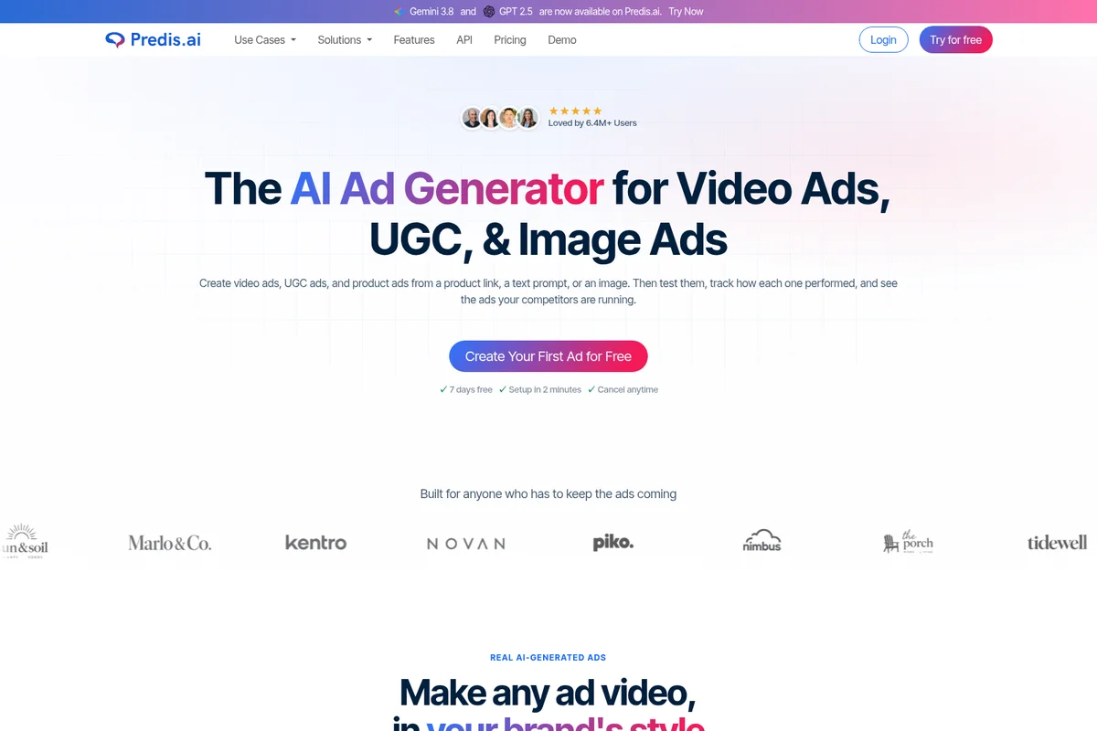 Predis.ai landing page hero displaying the 'AI Ad Generator' value proposition for video, UGC, and image ads with a modern, clean interface.