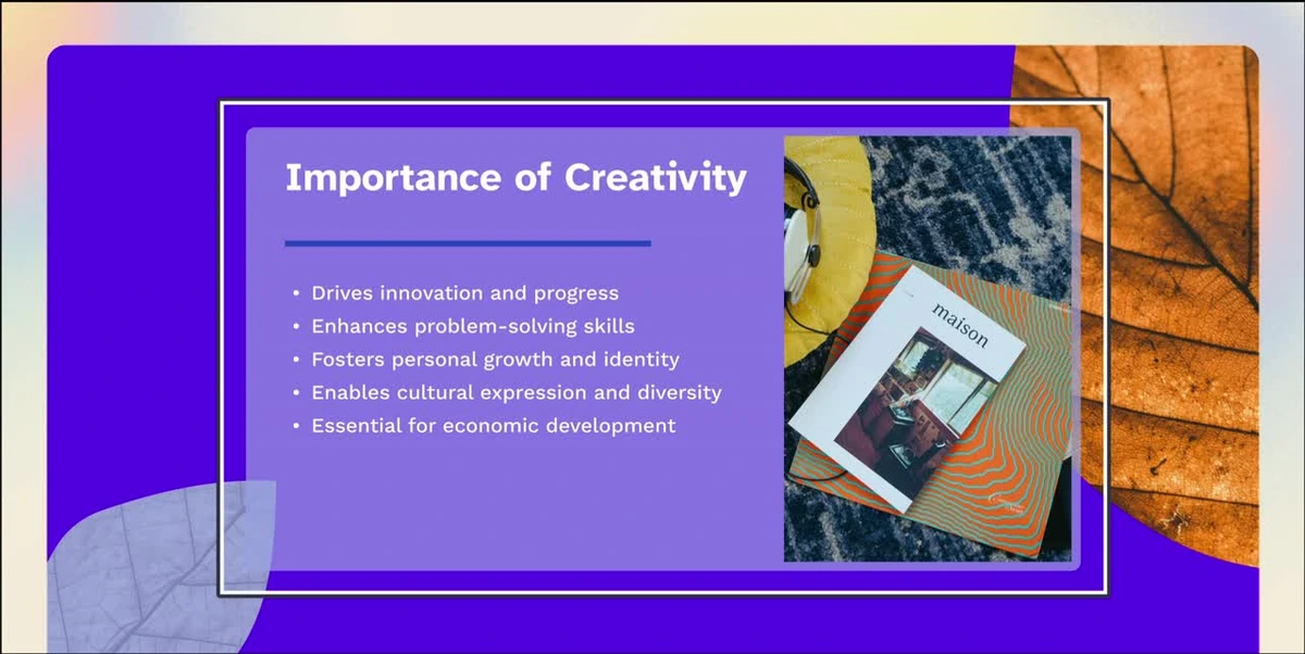 Prezi AI output sample showing a presentation slide about 'Importance of Creativity' with a modern, clean design.