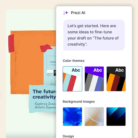 Prezi AI workspace UI suggesting presentation ideas for 'The future of creativity' and offering color themes and background image customizations.