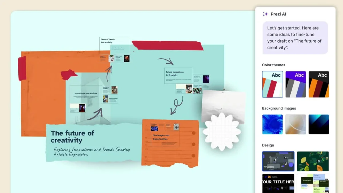 Prezi AI workspace showing a presentation being drafted with AI design suggestions in a light theme interface.