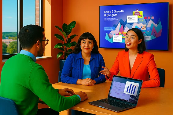 Prezi AI presentation showing sales and growth highlights with modern data visualizations in a professional meeting room setting.