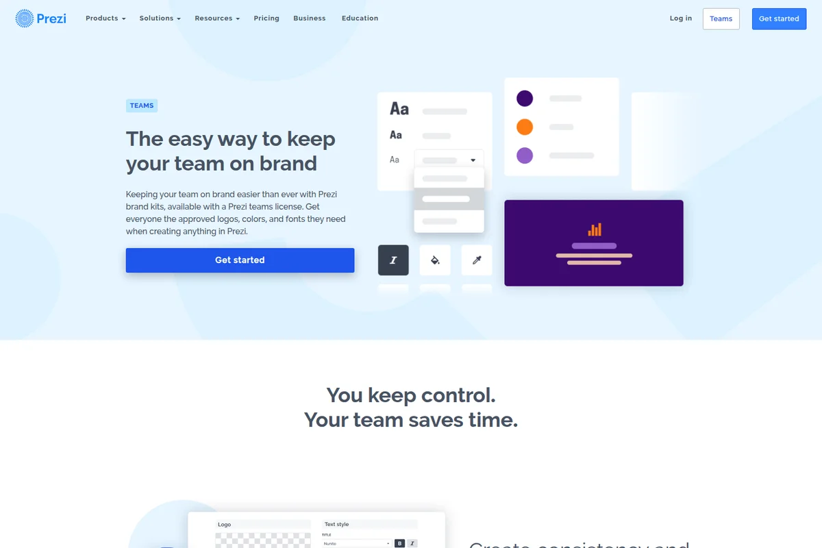 Prezi Teams page showing brand kit features with typography, color palette, and design element UI snippets in a modern interface.