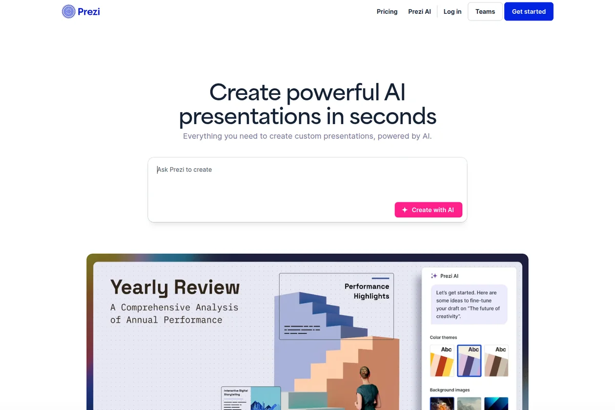 Prezi AI workspace showing presentation creation from a text prompt with an AI assistant and a generated presentation preview.