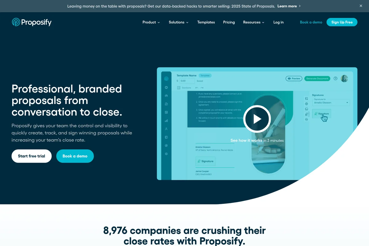 Proposify workspace UI showing proposal creation and e-signature features with a clean, modern interface.