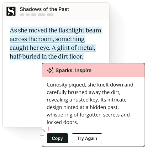 ProwritingAid AI writing workspace showing 'Sparks: Inspire' generating creative text suggestions for a story in a clean interface.