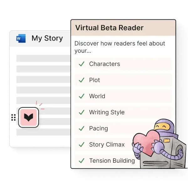 Prowritingaid's Virtual Beta Reader feature panel, providing feedback on story elements like plot, characters, and writing style, with a friendly robot.