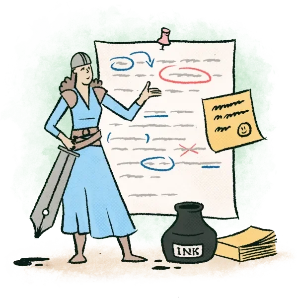 Prowritingaid conceptual illustration depicting a writing warrior editing a document with a medieval-fantasy cartoon style.