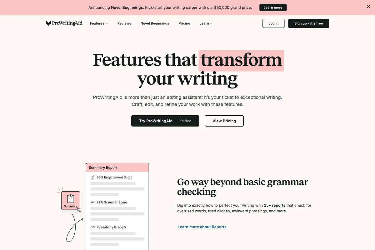 ProWritingAid features page showcasing an interactive Summary Report demonstrating engagement, grammar, and readability scores.