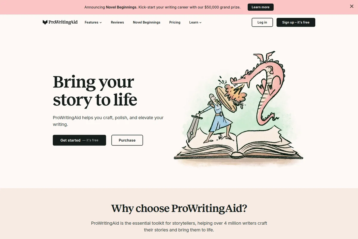 ProWritingAid landing page hero featuring an illustration of a writer battling a dragon over an open book, symbolizing creative challenges.