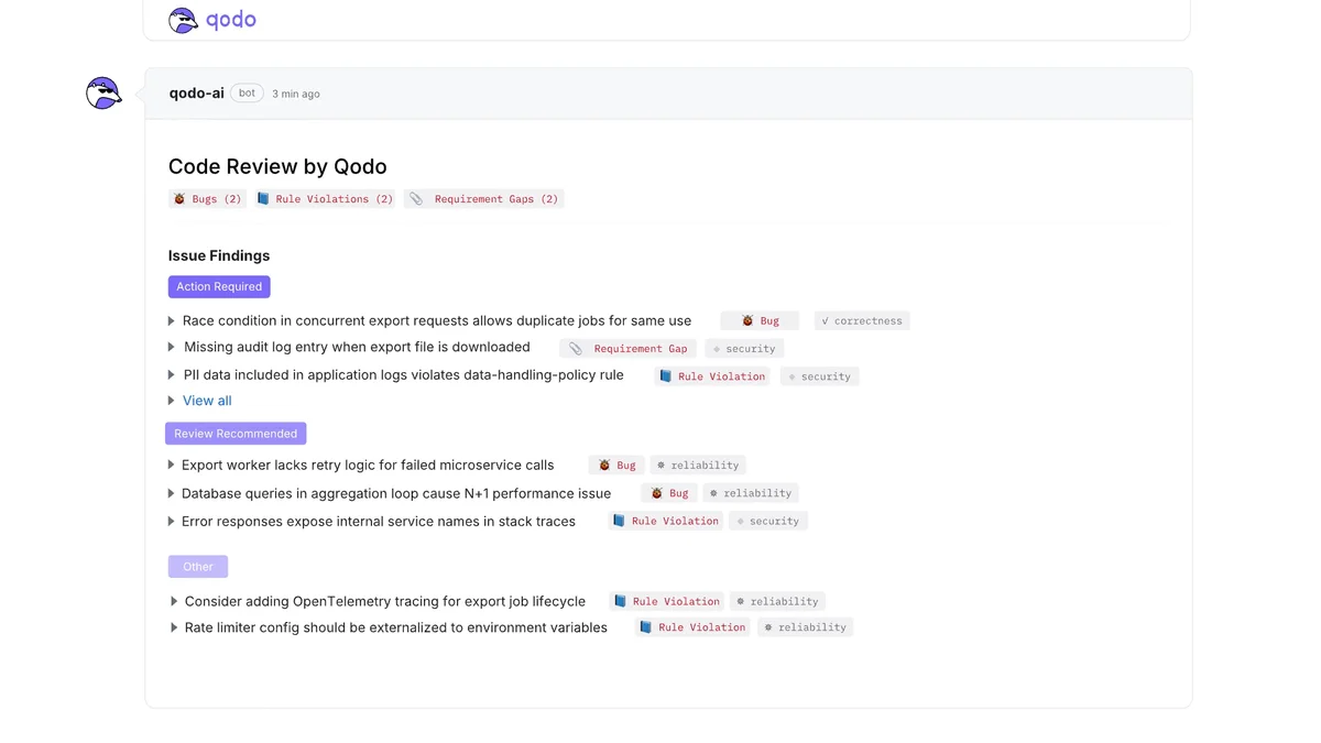 Qodo AI code review displaying categorized issue findings and recommendations in a clean, light-themed interface.
