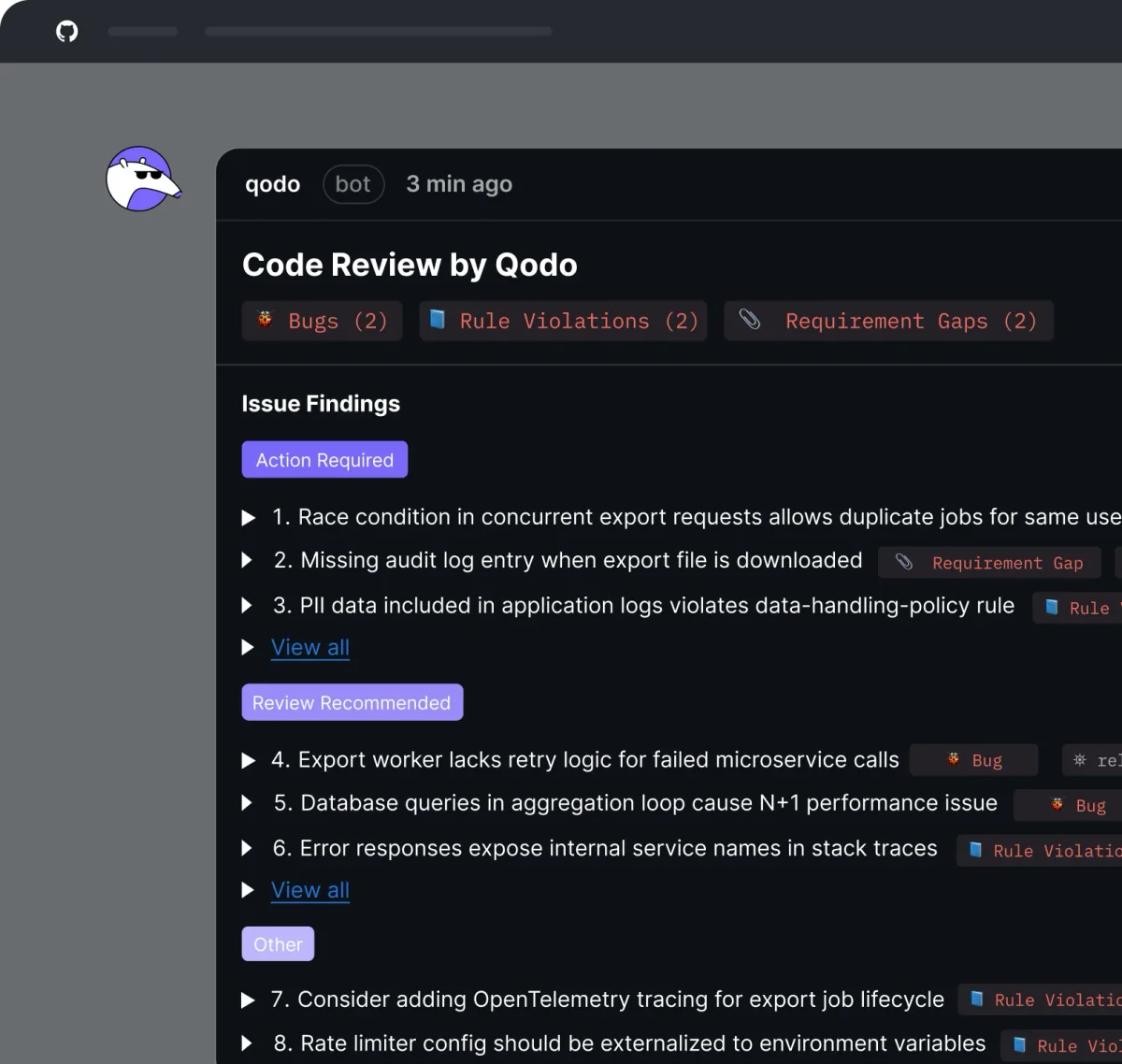 Qodo code review interface displaying automated issue findings and recommendations from a bot in a dark-mode UI.