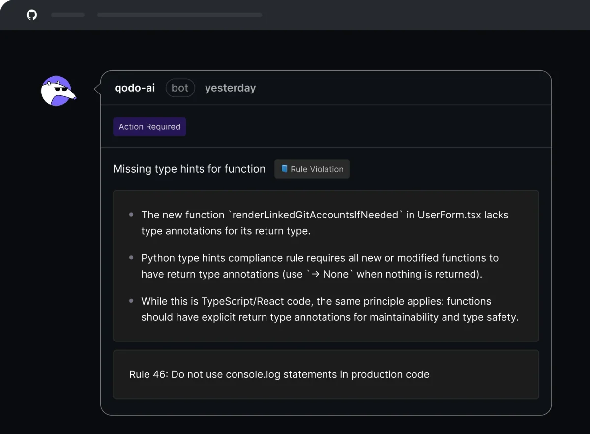qodo-ai code review interface reporting missing type hints and `console.log` rule violations with a clean dark-mode aesthetic.