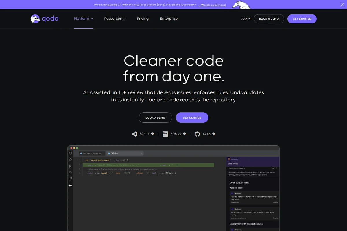 Qodo AI-assisted code review platform showing an in-IDE workspace with detected issues, code suggestions, and a dark theme.