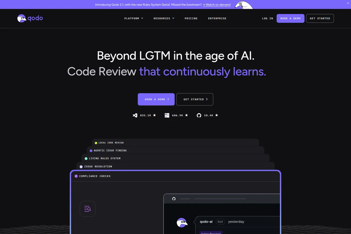 Qodo homepage hero showcasing AI-powered code review with layered feature cards and a dark-mode chat bot interface.