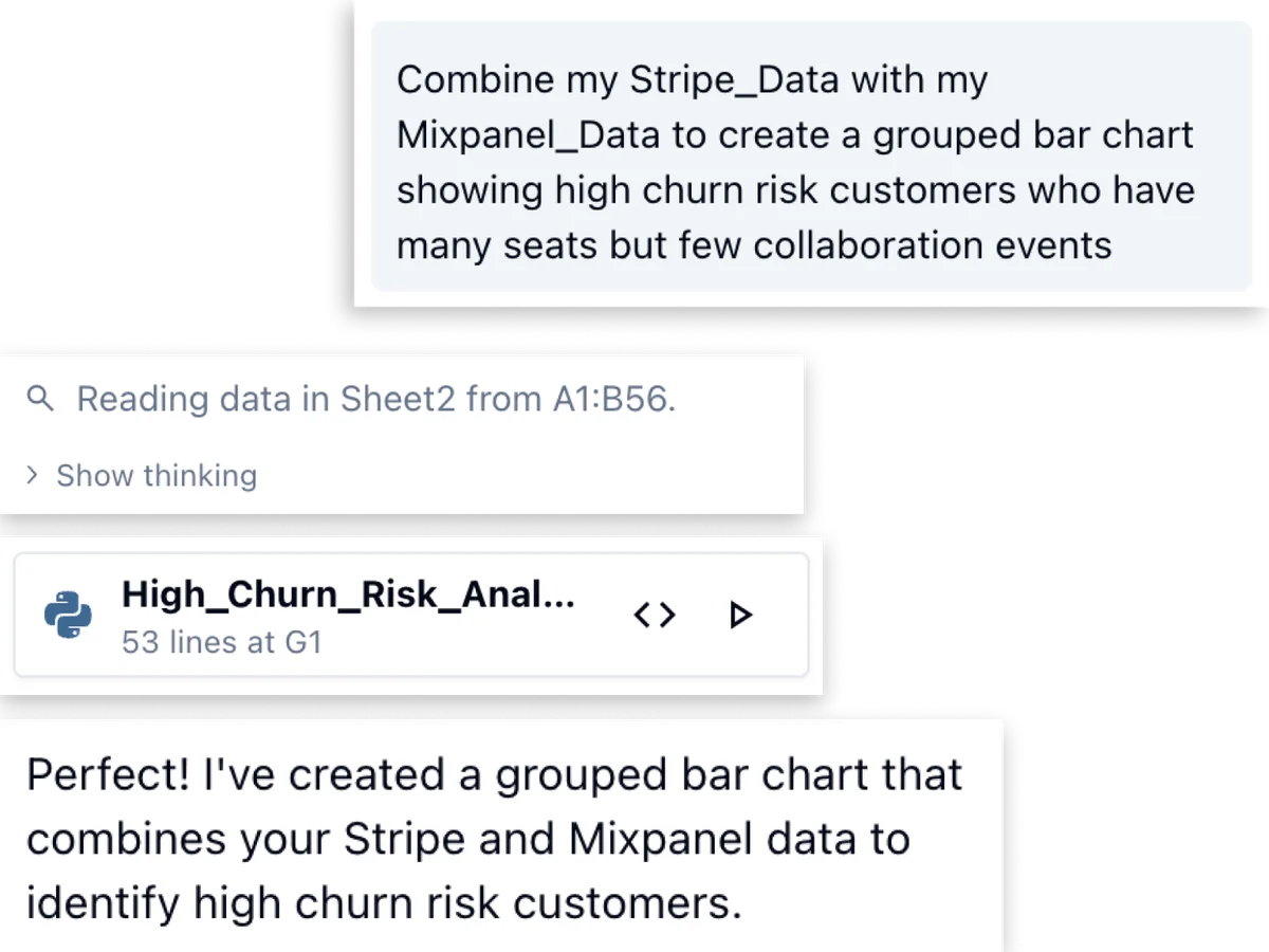 Quadratic workspace UI showing AI-powered data analysis with code generation in a conversational dark-mode interface.