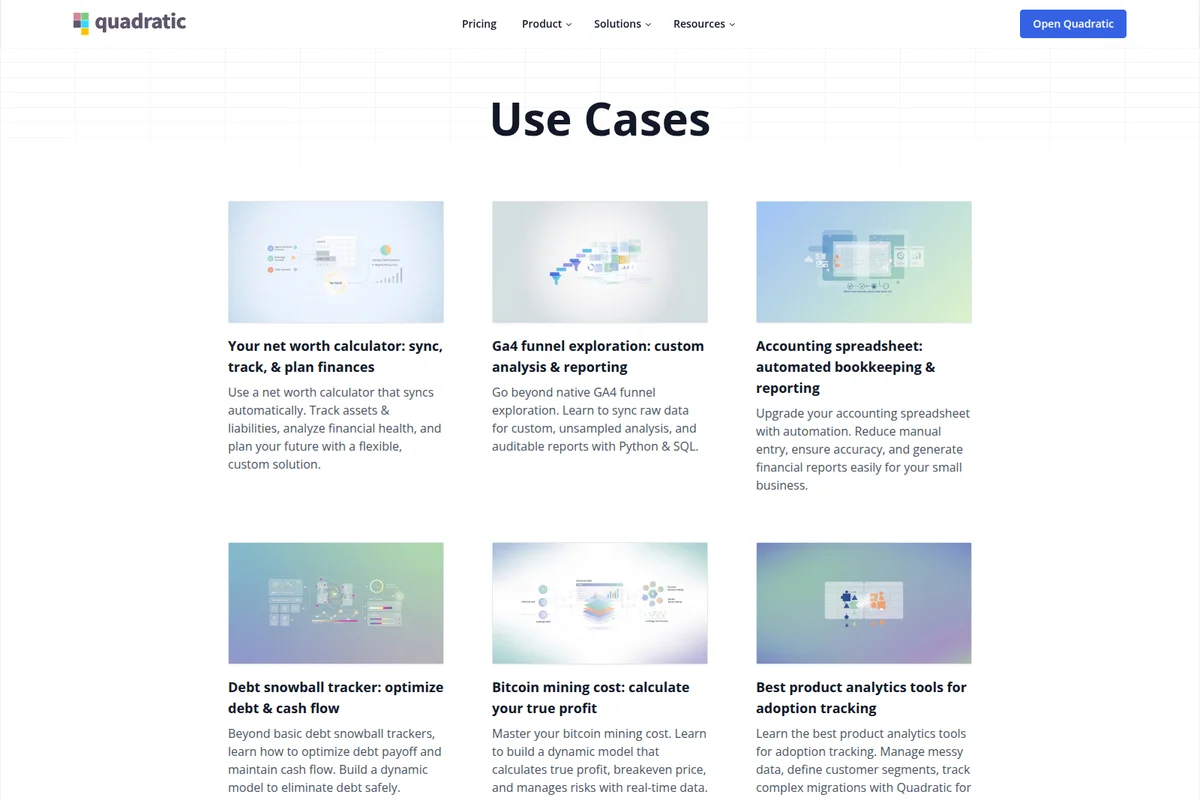 Quadratic use cases page displaying six cards, each with an illustrative graphic and text description for different applications like finance and analytics.