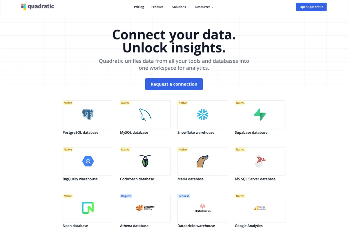 Quadratic integrations page showing a grid of available data source connections with a clean, modern interface.