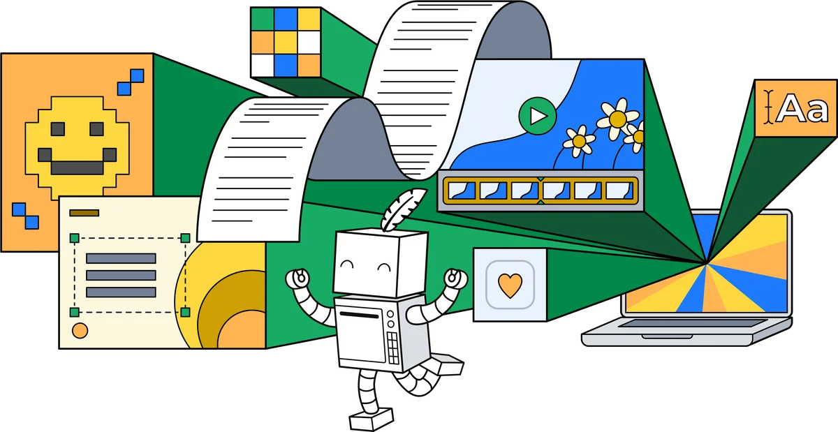 QuillBot conceptual illustration showing an AI robot with a quill pen processing various content types like text, video, and design elements in a vibrant vector style.