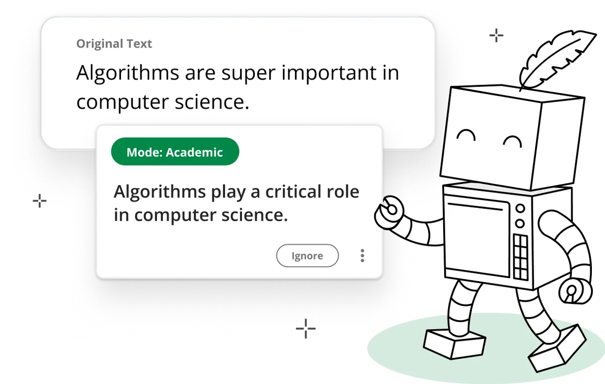 QuillBot feature deep-dive showing text paraphrasing for academic mode with a clean UI and a charming robot mascot.
