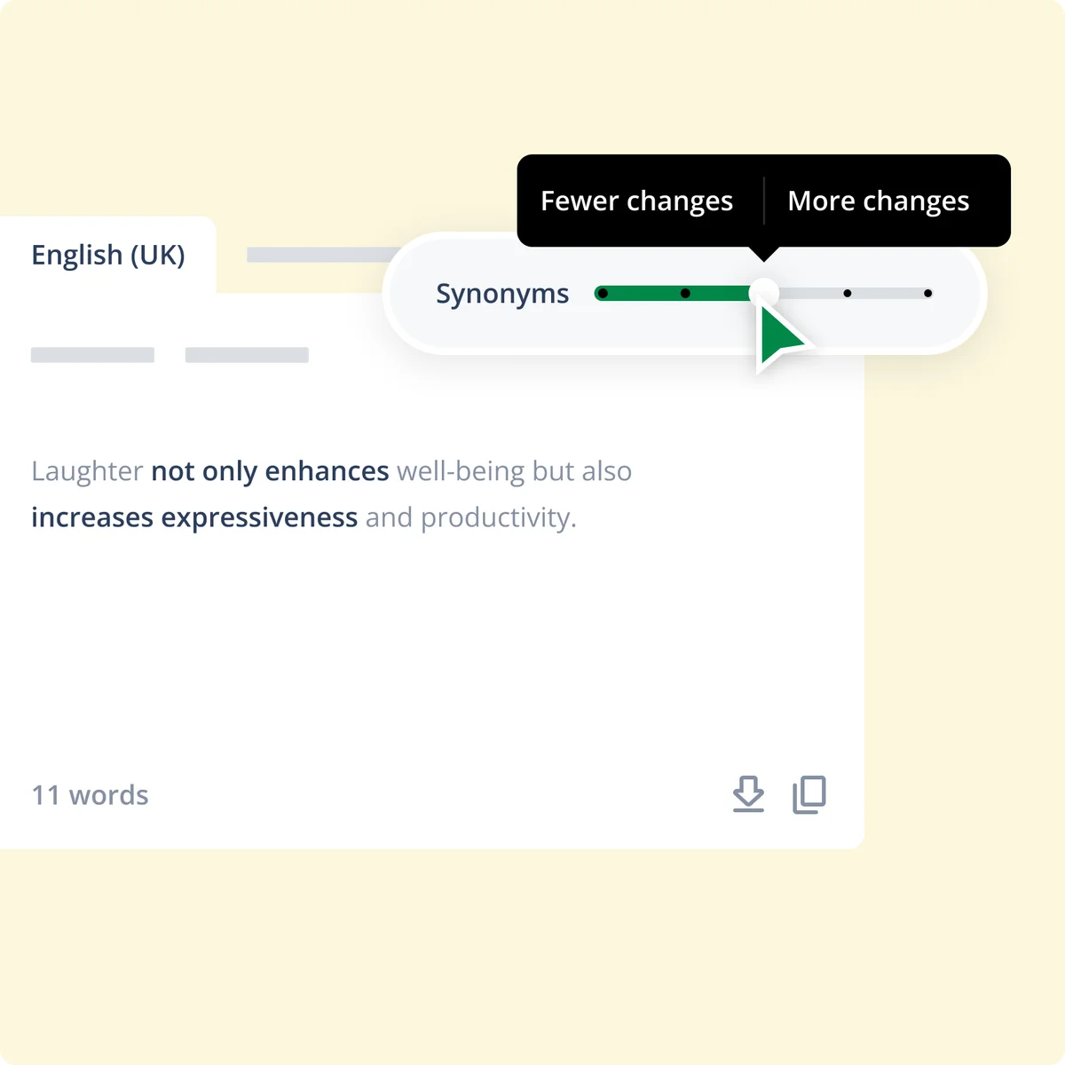 QuillBot paraphrasing tool showing the synonym intensity slider actively adjusted to 'More changes' with a green cursor in a clean UI.
