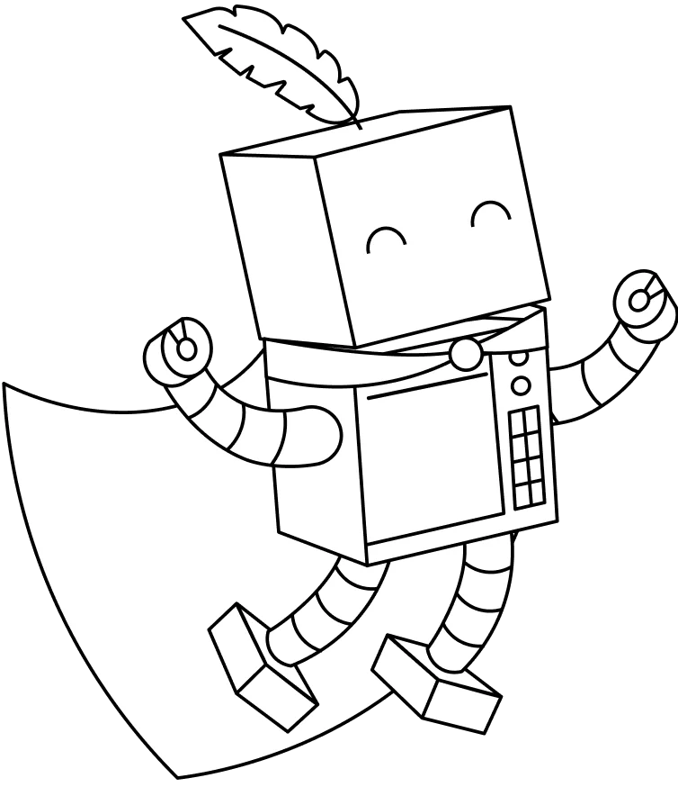 QuillBot brand mascot illustration featuring a cheerful robot with a feather quill and cape in a dynamic pose, rendered in clean line art.