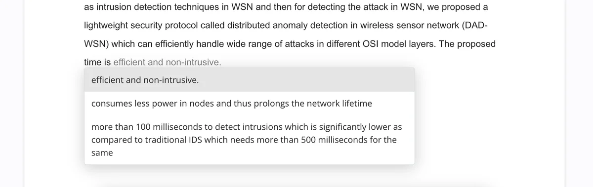 QuillBot's interactive rephrasing feature showing alternative sentence suggestions in a document editor interface.