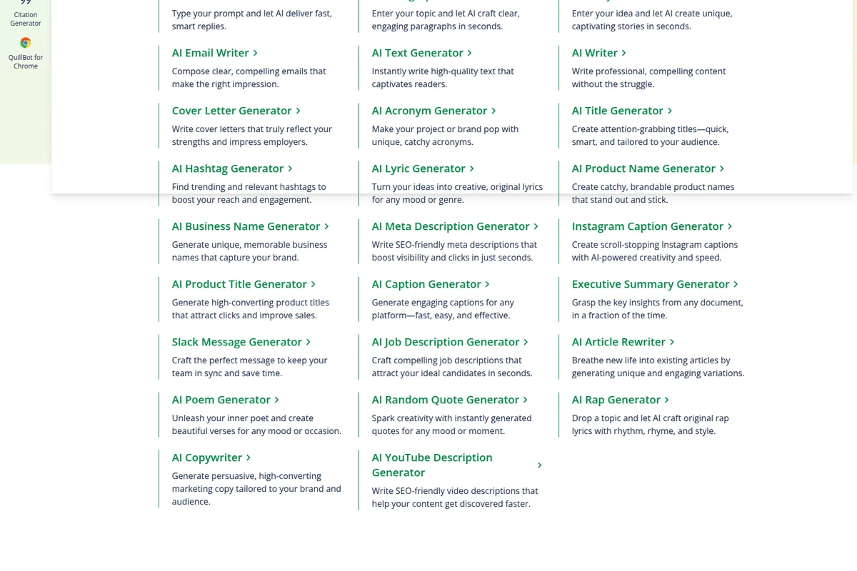 QuillBot AI Writing Tools page showing a comprehensive list of content generators with a clean, organized web interface.